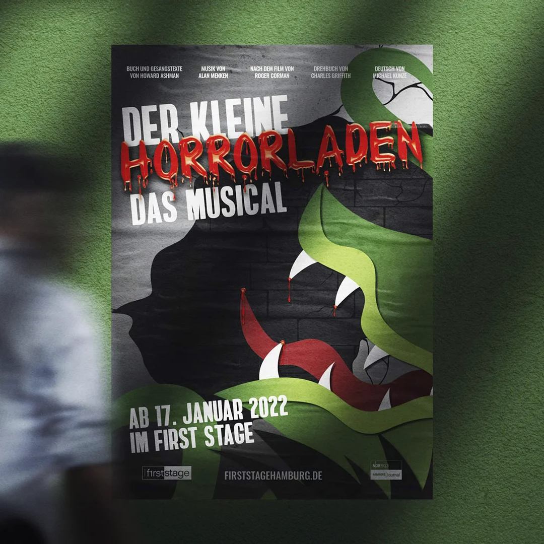 Plakat der Werbeagentur buero_v1 aus Düsseldorf, gestaltet für das Musical “Kleiner Horrorladen”, visuelle Identität.