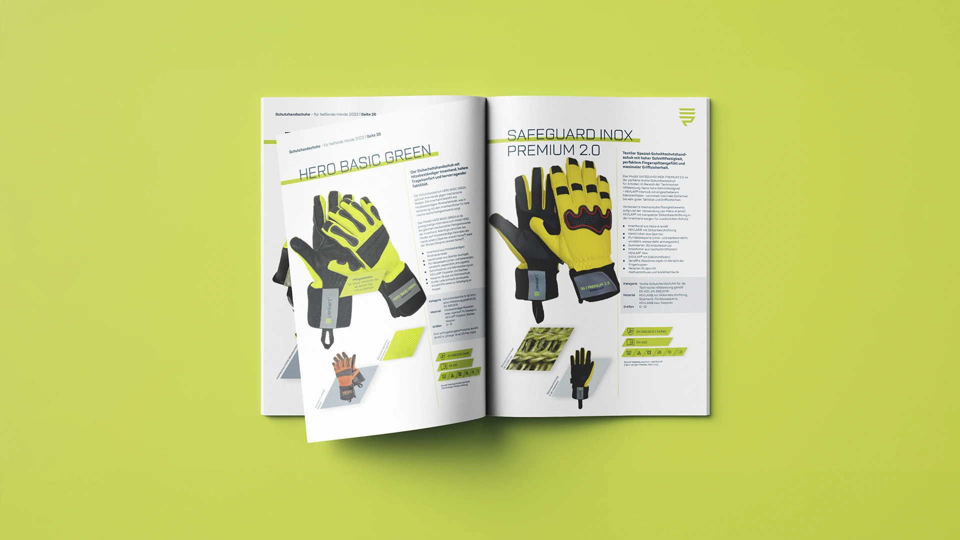 Darstellung der Schutzhandschuhe auf der ersten Innenseite des Penkert Produkt-Katalogs, gestaltet von buero_v1.