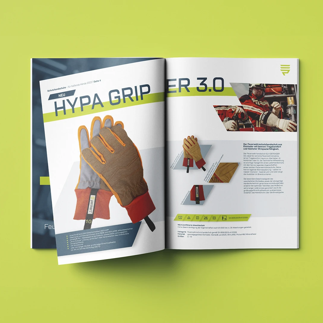 Technische Spezifikationen der Penkert Schutzhandschuhe auf der dritten Innenseite des Katalogs, erstellt von buero_v1.