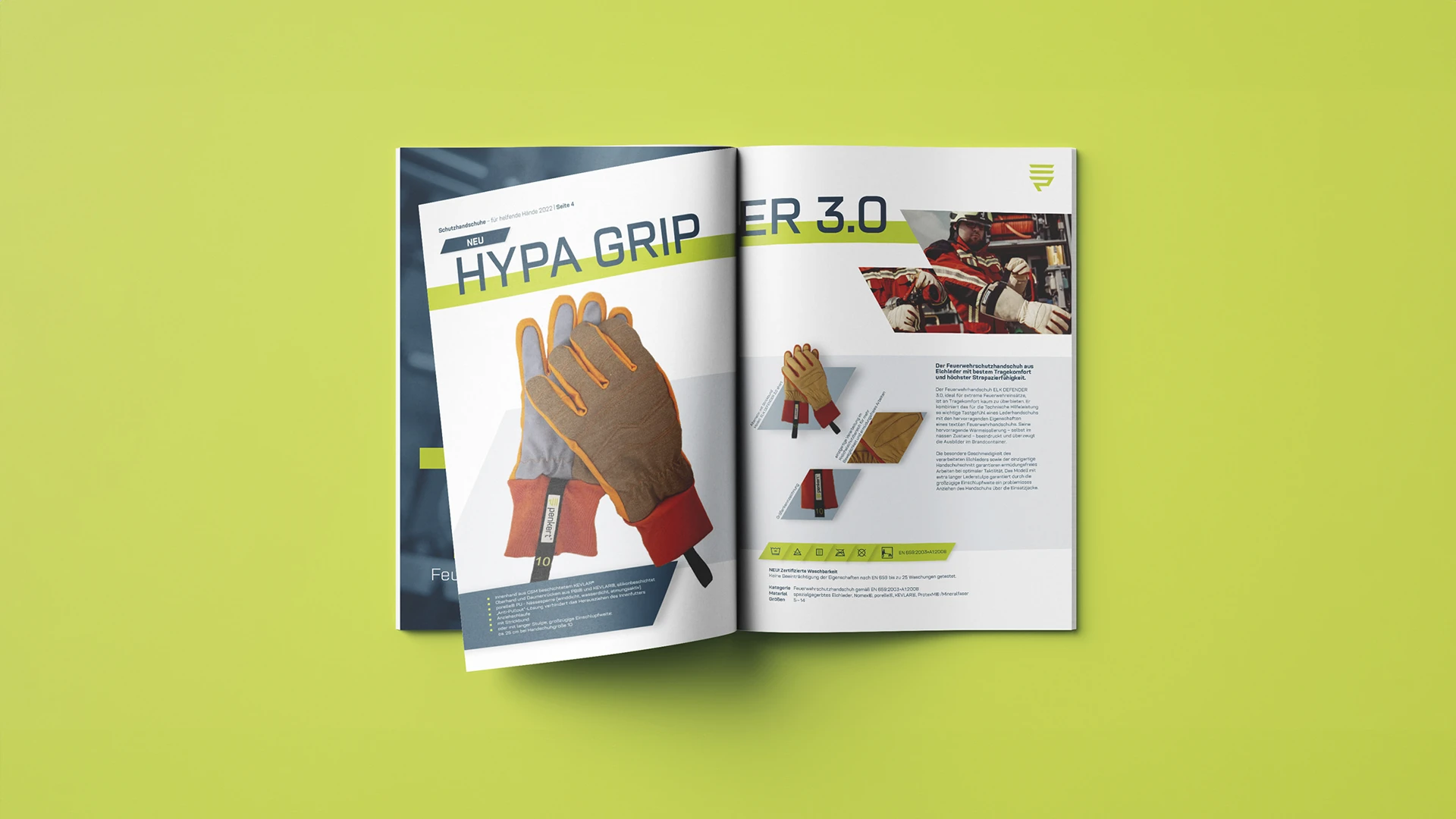 Technische Spezifikationen der Penkert Schutzhandschuhe auf der dritten Innenseite des Katalogs, erstellt von buero_v1.