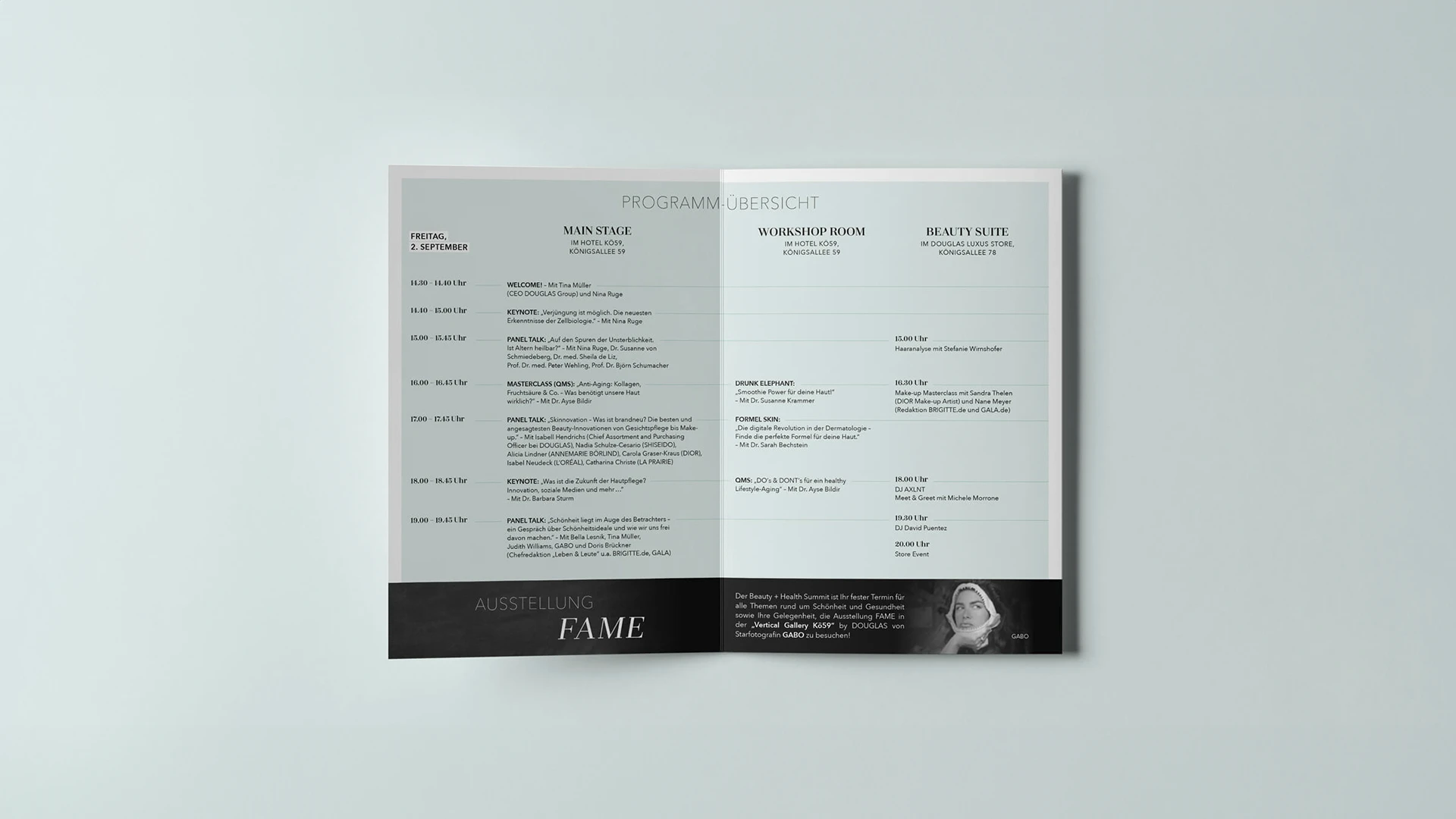 8-seitiger Flyer im DOUGLAS-Design für den Beauty + Health Summit 2022, gestaltet von Werbeagentur buero_v1 Düsseldorf