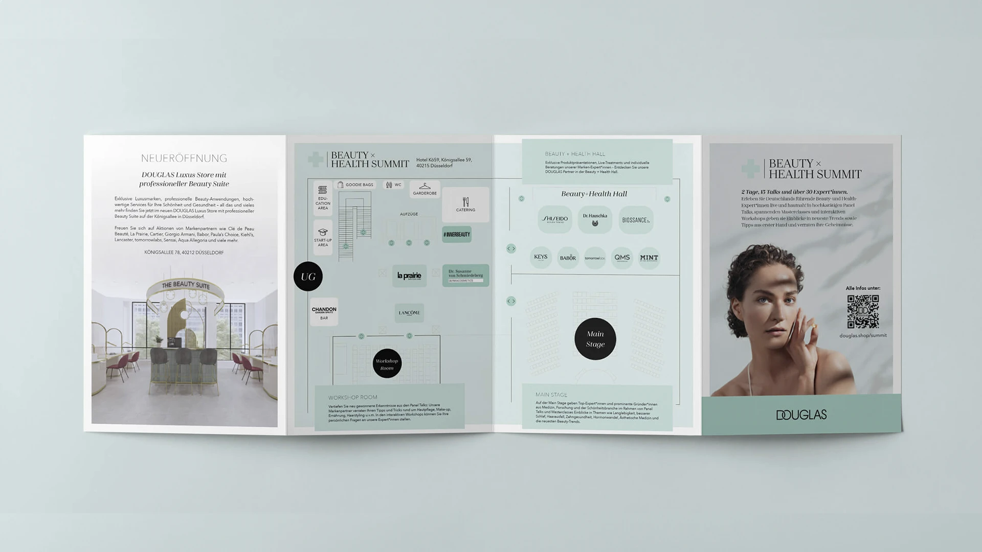 Flyer mit Programmübersicht des Beauty + Health Summit 2022 von DOUGLAS, gestaltet von Werbeagentur buero_v1